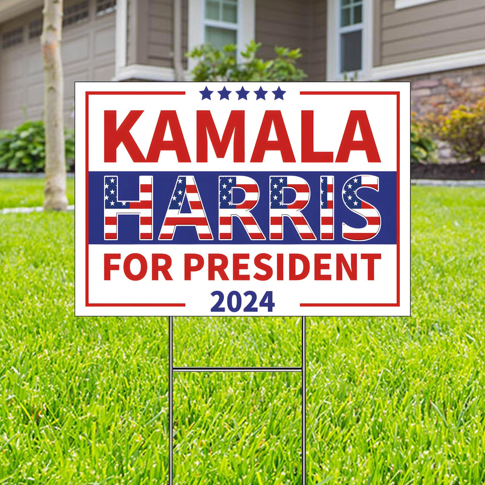 View 1 of Harris 2024 Yard Sign, Lawn Sign, Double Sided Coroplast With Mental Stake, 18” X 12”