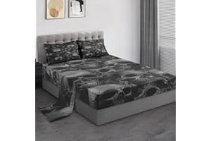 Pamnest Twin Size Bed Sheet Sets, Skulls Grey Soft Microfiber 3 Pcs Bedding Sets for Kids and Adults Bedroom Bed Decor, Skeleton Spooky Horror Gothic Flat, Fitted Sheet and Pillowcases