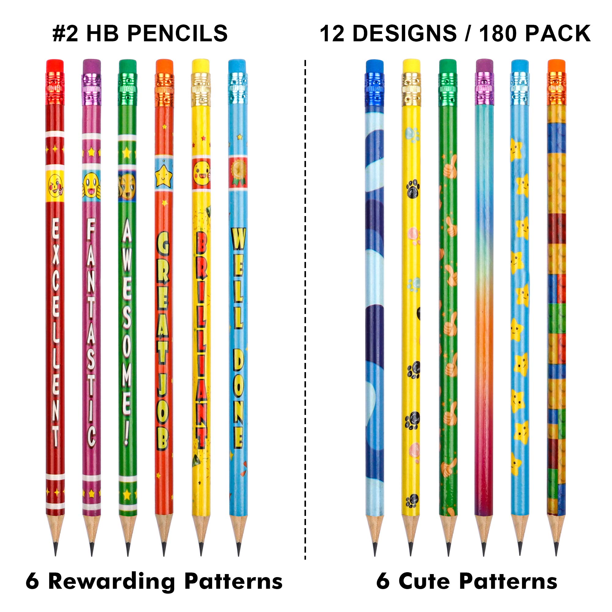 Shuttle Art Assorted Colorful Pencils, 180 Pack Kids Pencil Bulk with 12 Designs, #2 HB, Pre-sharpened Awards and Incentive Pencils for Kids School Home Party, easter pencils bulk