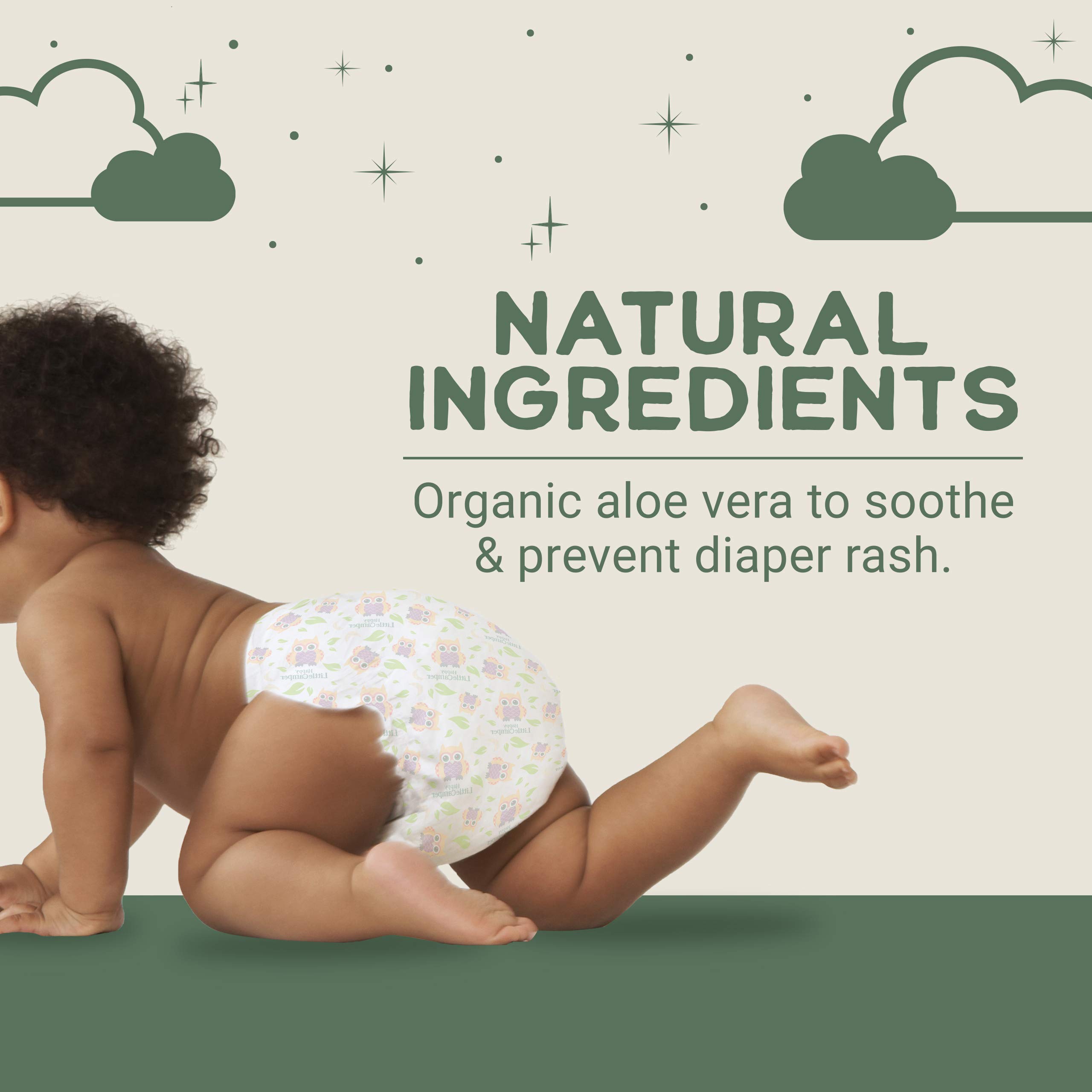 Happy Little Camper Ultra-Absorbent Natural Baby Diapers Size 5 - Hypoallergenic, Unscented & Chlorine-Free Disposable Diapers (150 Count) Come with Natural Baby Wipes (288 Count) for Sensitive Skin