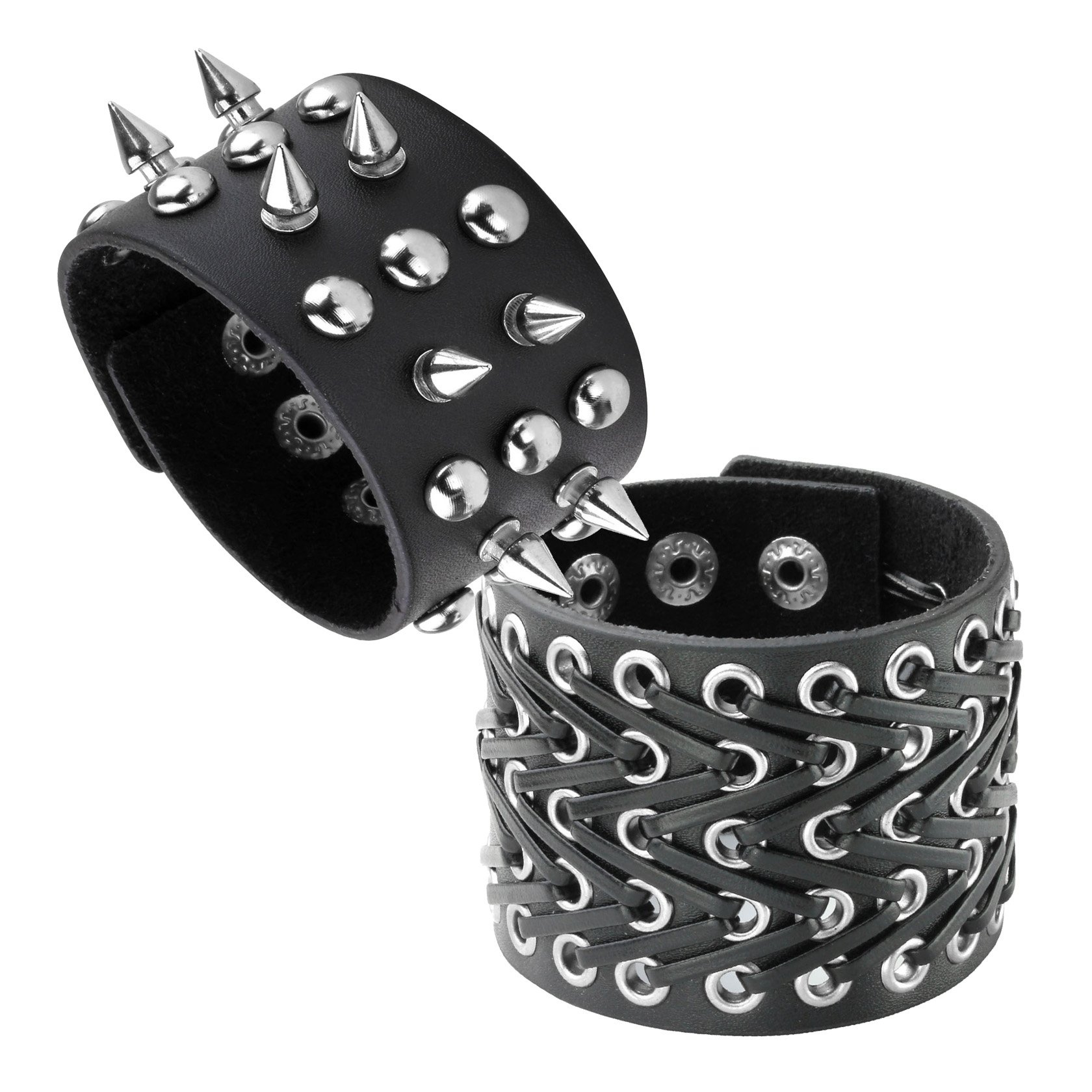 MILAKOO Unisex Metal Spike Studded Punk Rock Biker Wide Strap Leather Bracelet Chain Wristband Adjustable