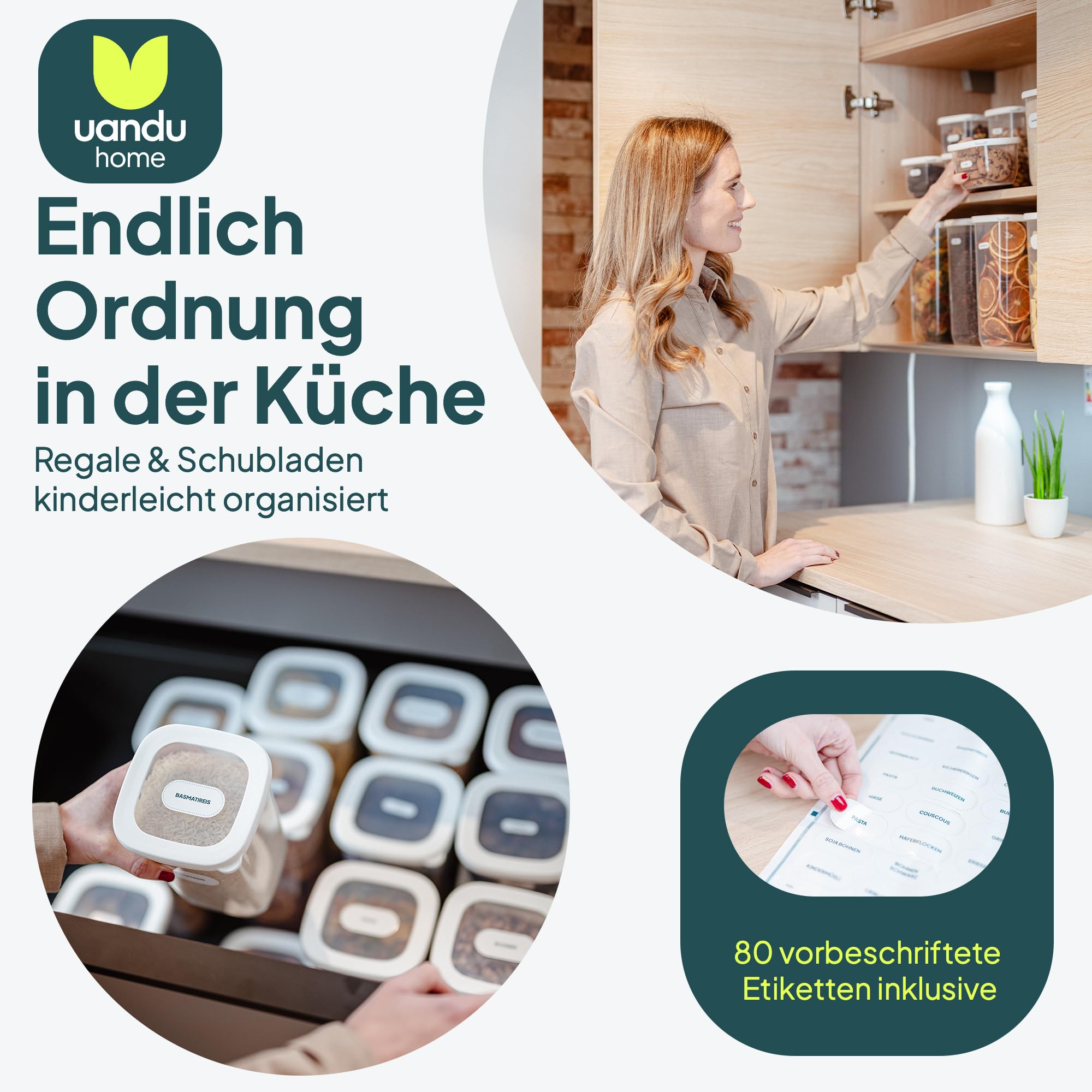 uandu Vorratsdosen mit Deckel luftdicht – 24er Vorratsbehälter Set BPA Frei, Aufbewahrungsdosen Küche für Müsli, Mehl & Zucker, Mit Etiketten 2