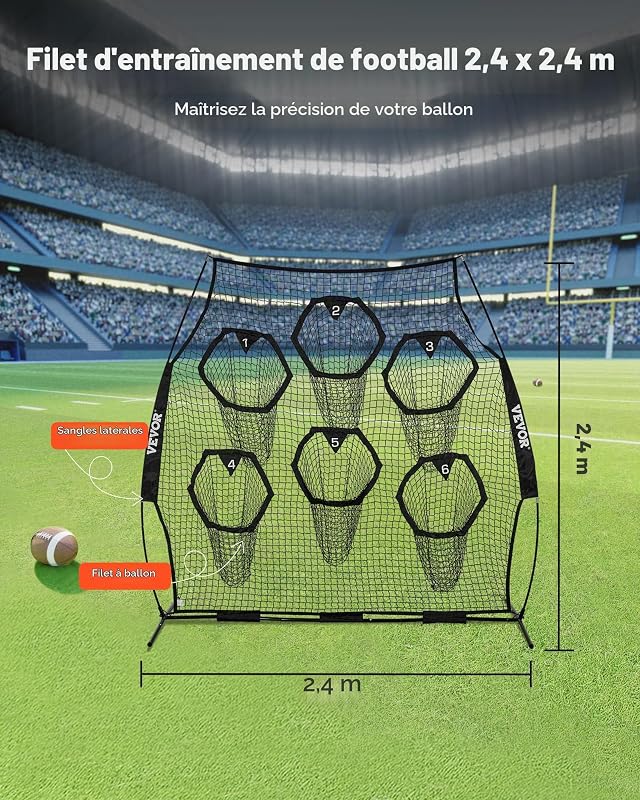 Filet d'entraînement pour Football 274 x 243 cm, Filet de Lancer de Rugby avec 6 Poches pour cibles, sans nœuds, Sangles et étui de Transport Inclus, pour améliorer la précision de Lancer, Noir