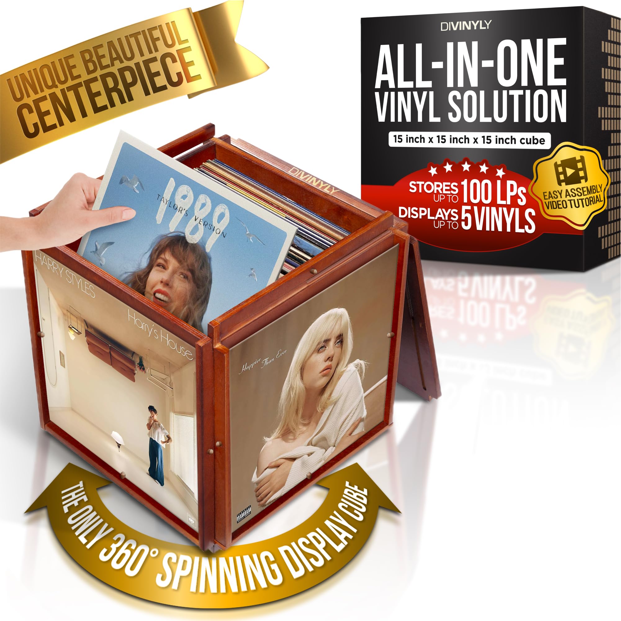 Photo 1 of DIVINYLY Decorative All-in-1 Vinyl Record Storage Box - Spins, Displays, Protects, and Stores - Wooden Display Cube - Rotating Wooden Crate Album Holder for 100 LP Records Collection