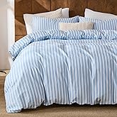 Merryword Blue and White Striped Duvet Cover Set Queen Size, 100% Cotton Linen Like Textured Bedding with Classic Vertical Stripes, Soft Lightweight Reversible Comforter Cover for All Seasons