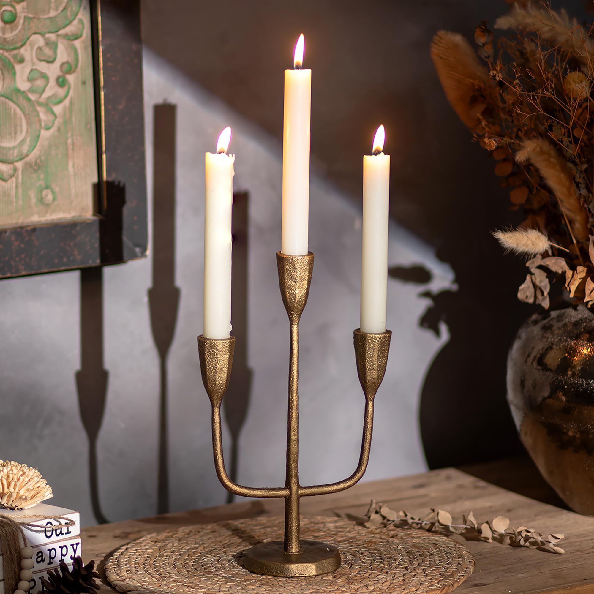 Photo 1 of Inweder Cast Iron Gold Candelabra: 10.4 Inch Tall Vintage Taper Candle Holders 3 Arms Brass Candlestick Holders Antique Candelabra Centerpieces for Tables Fireplace Living Room Decor Set of 1