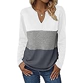Zeagoo Women's Waffle Shirts V Neck Long Sleeve Tops Color Block T-Shirts Casual Pullover Tunics 2025 Fashion Basic Tees