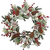 VGIA 20 Inch Christmas Wreath for Front Door Flocked Lambs Ear Wreath with Pine Needles Pinecones Red Berries Christmas Decorations for Indoor Outdoor Xmas Decor