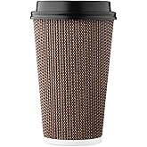[85 SET]Harvest Pack 16 oz Disposable Coffee Cups, Insulated Ripple Double-Walled Paper Cups with Lids, Brown Geometric, Drinking Cups for Tea Hot Chocolate Drinks To go coffee cups