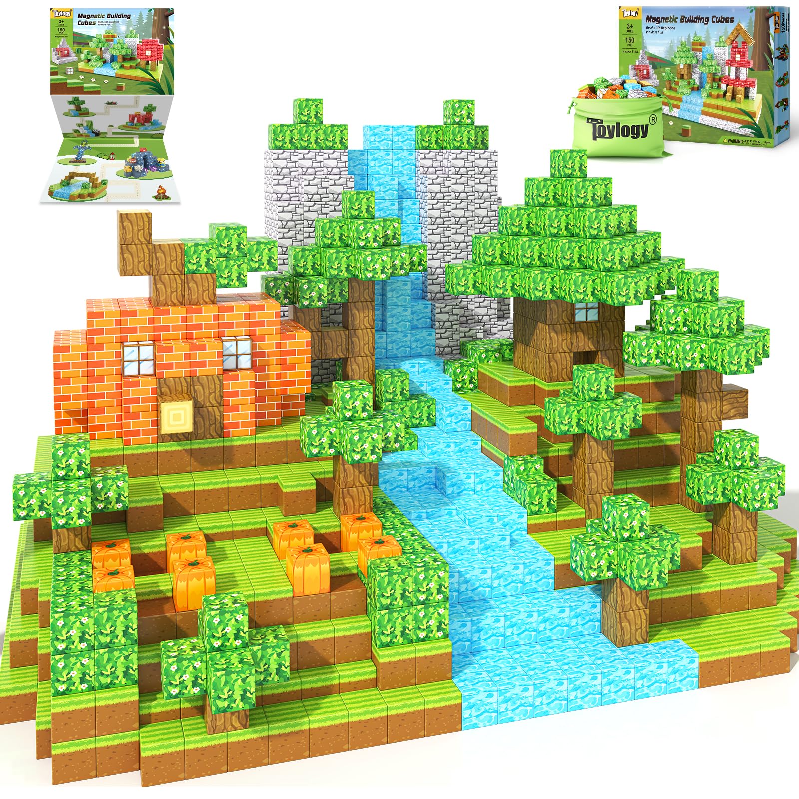 150PCS Magnetic Blocks-Build Mine Magnet World Pumpkin Edition Kids Building Outdoor Toys for 3 4 5 6 7 Years Old Boys Girls, Magnetic STEM Toddler Construction Toys for Halloween Birthday Gifts Image