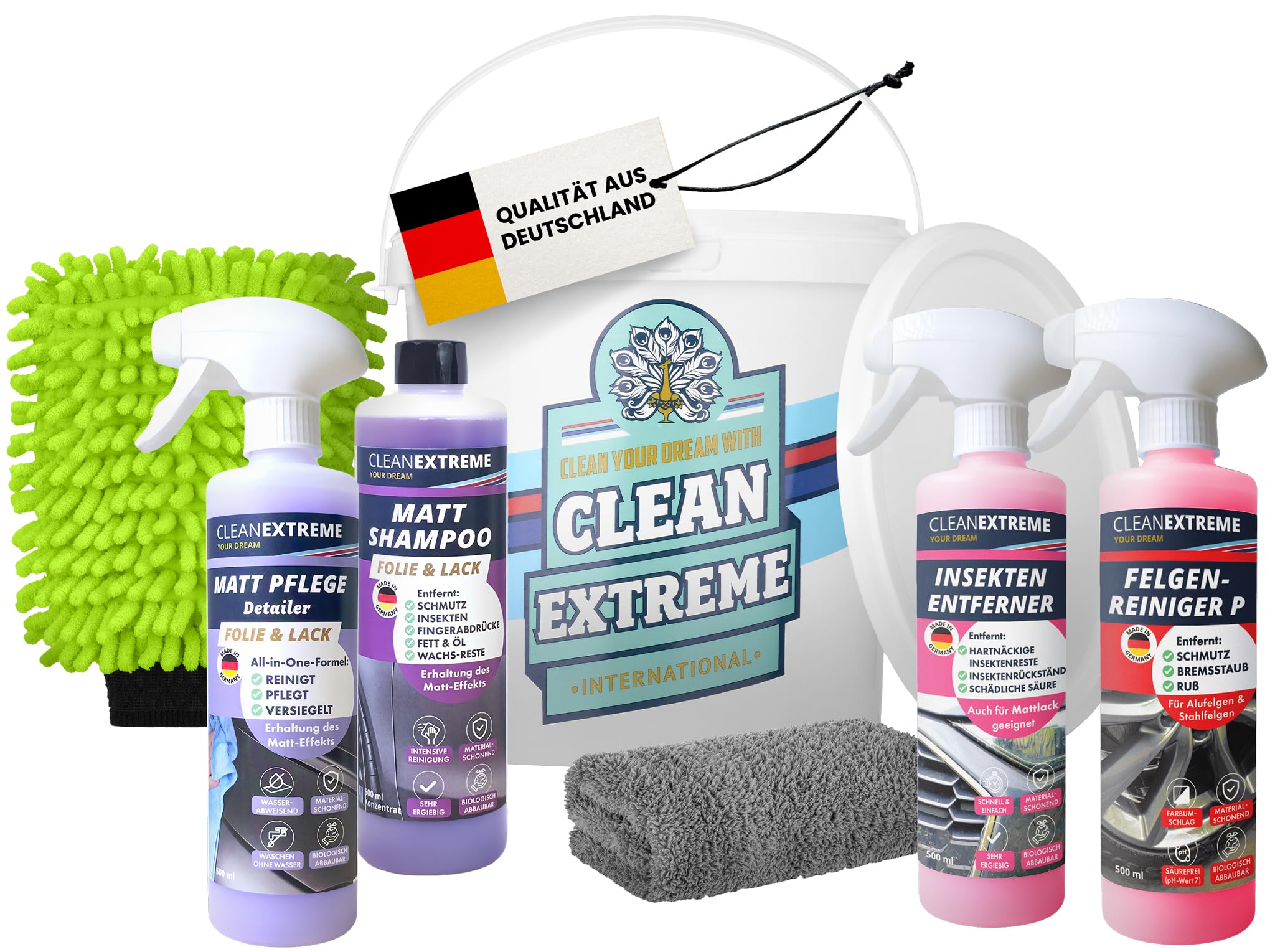 CLEANEXTREME Autowäsche Set Base für Mattlack & Matt-Folie | Autoshampoo Felgenreiniger Insektenentferner Auto-Detailer & Wascheimer mit Deckel