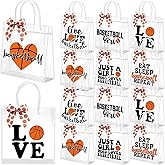 Vicenpal 12 Sets Clear Basketball Gift Bag with Handles 12 Pcs Bows PVC Plastic Basketball Treat Goodie Snack Bags 7.9 x 7.9 x 3.1'' Sport Theme Party Favors for Birthday Holiday Sports Team Gifts