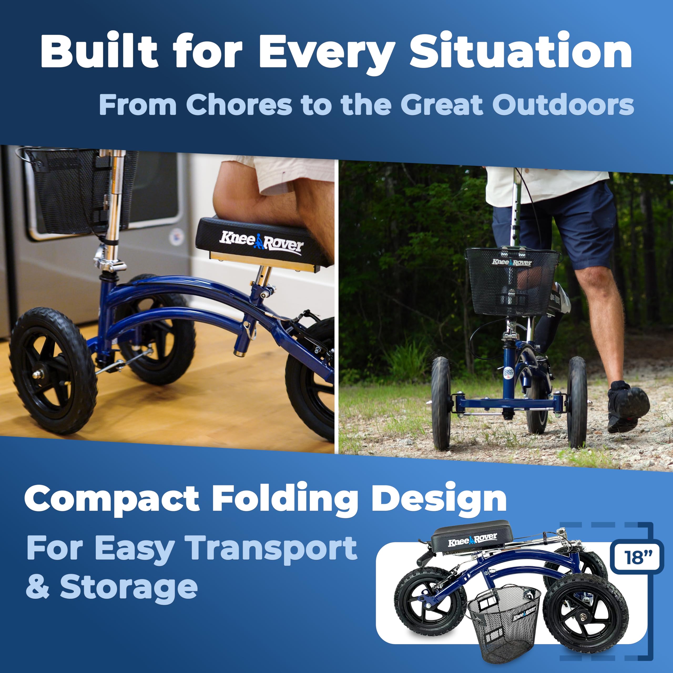 KneeRover Original Steerable All Terrain Knee Scooter for Adults for Foot Surgery Heavy Duty Knee Walker for Broken Ankle Foot Injuries - Leg Recovery Scooter Best Knee Crutch Alternative (Blue)
