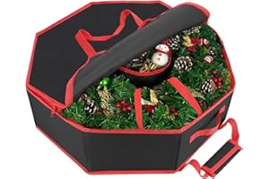 HOMYFORT Christmas Wreath Storage Container, 30 Inch Hard Shell Wreath Storage Box with Interior Pockets, Dual Zippers and Handles, 7inch Height (Black)