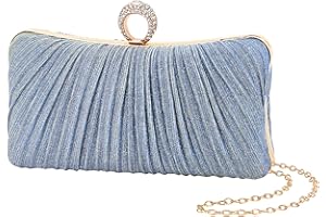 Womens Golden Glitter Clutch Purse Pleated Evening Bag for Bridal Wedding Party with Rhinestone Ring