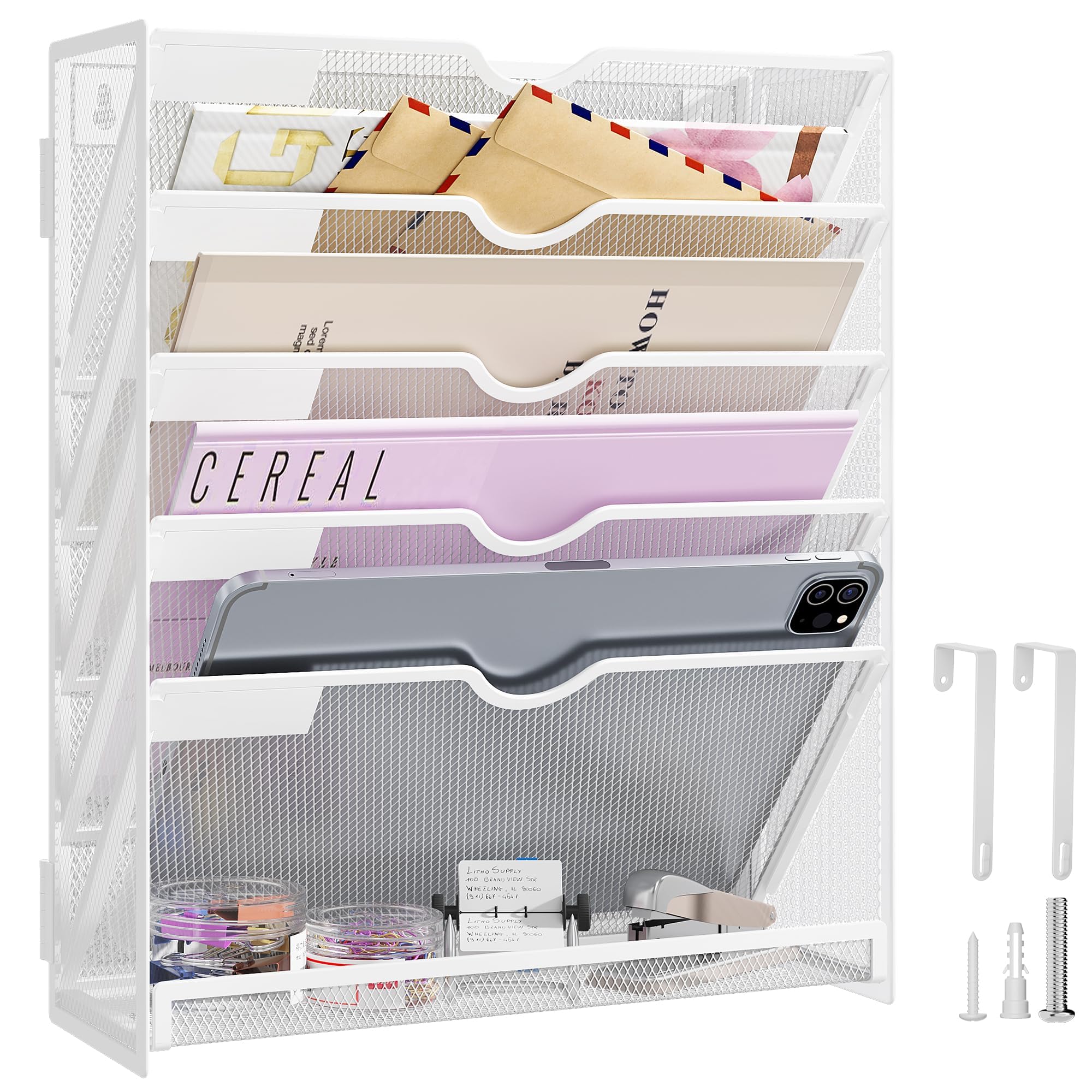 Photo 1 of Kinkota Hanging Wall File Organizer Mesh 6 Tier Wall Mounted Mail Paper Folder Holder Document Organization Stand Desk File Organizer Tray for Office & Home Cubicle Countertop-White