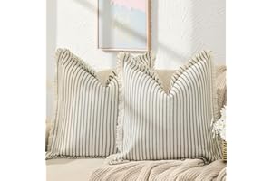 ZWJD Throw Pillow Covers 18x18 Set of 2 Striped Pillow Covers with Fringe Chic Cotton Decorative Pillows Square Cushion Covers for Sofa Couch Bed Living Room Farmhouse Decor