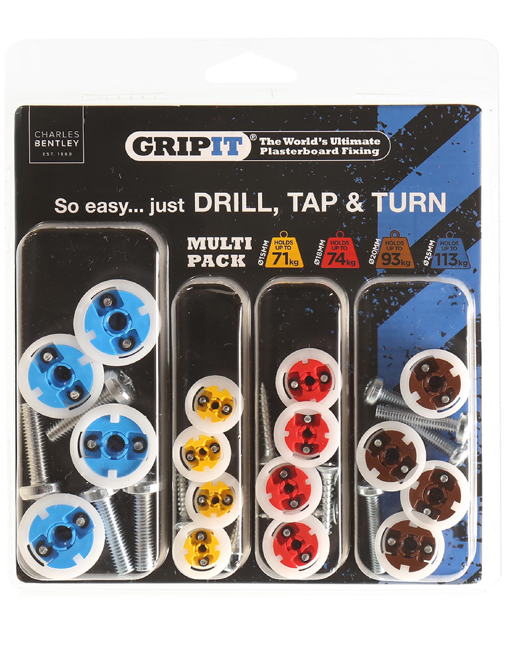 Gripit Mixed Heavy Duty Plasterboard Fixings Kit – Pack of 16 – Suitable for Drywall and Stud Walls – Supports Up to 113kg – Ideal for TV Brackets & Shelves – Easy Install – UK Designed