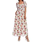 BTFBM Spring Summer Dresses for Women 2026 Puff Short Sleeve Smocked Floral Print Boho Beach Wedding Guest Maxi Dress