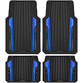 CAR PASS Heavy Duty Rubber Car Mats Metallic,Aluminum Film All Weather Floor Mats Waterproof Universal Trim to Fit Automotive SUV Sedan Van 4 Piece Anodized Deep Dish Two-Tone Sporty Black Blue Chrome