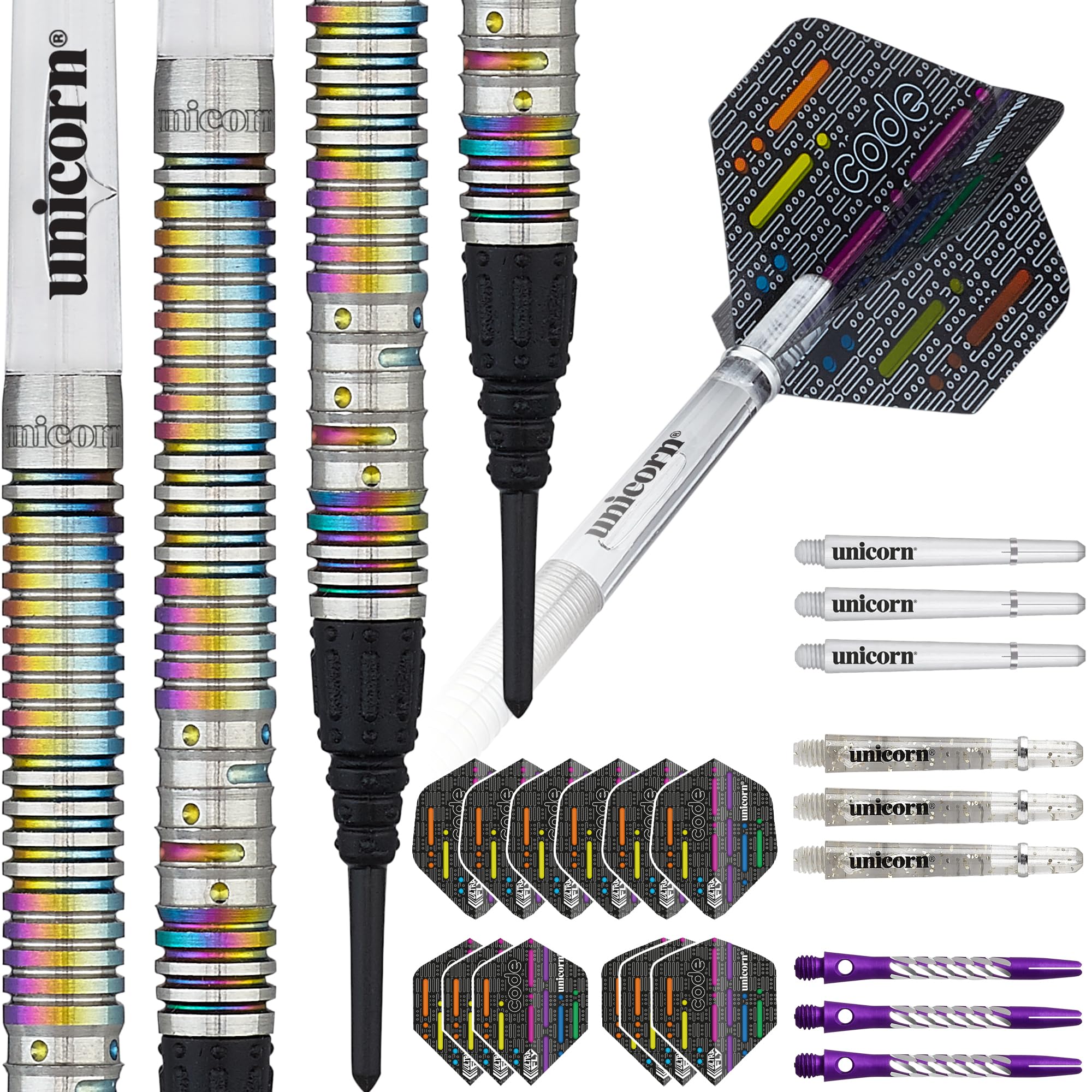 Unicorn Soft Tip Professional Darts Set | Michael 'The Bully Boy' Smith Code Players DNA | 90% Natural Tungsten Barrels with Multicolour Rainbow Titanium Accents | 18 g