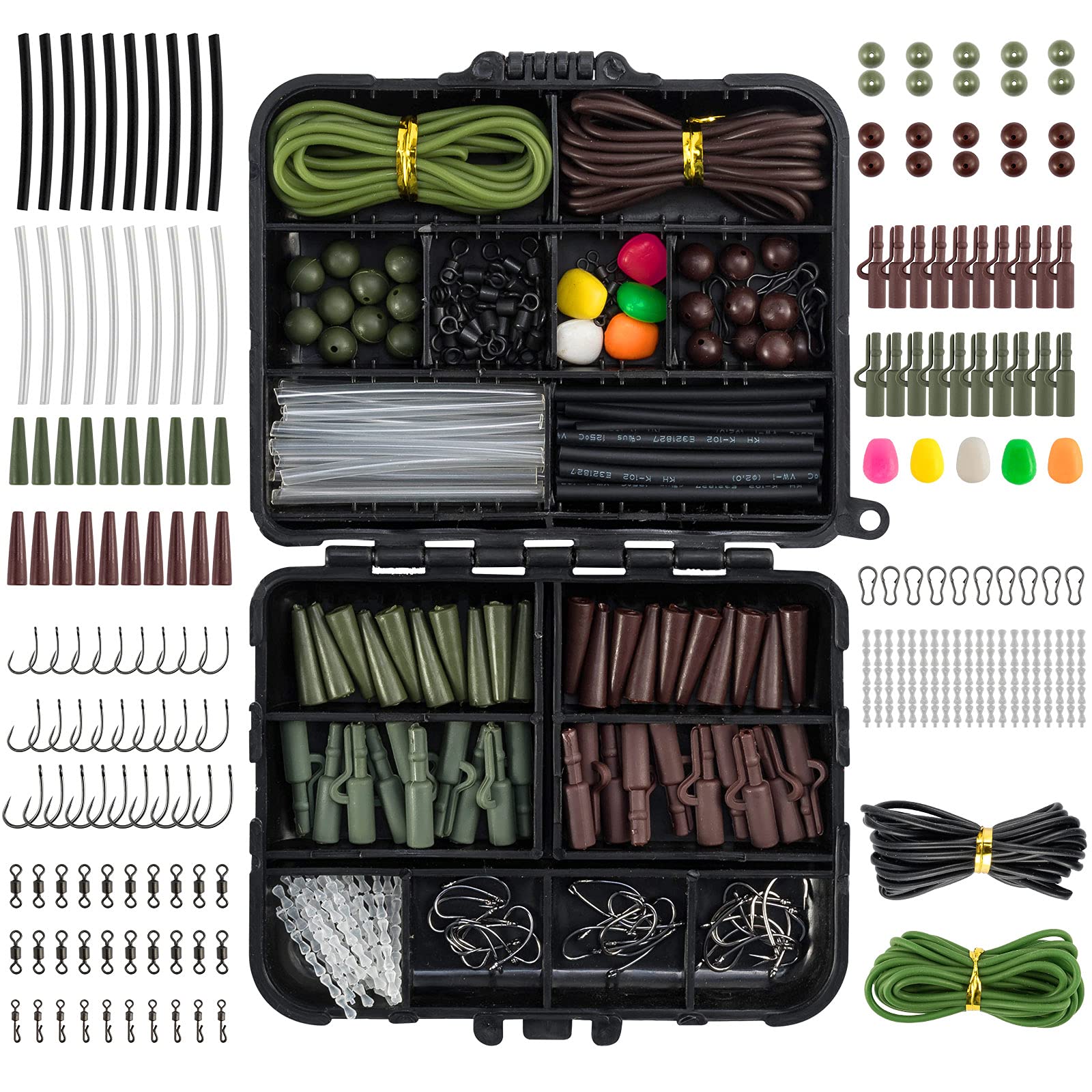 Dr.Fish 278pcs Carp Fishing Tackle Set in Box, Carp Fishing Accessories Include Hooks, Safety Clips and Swivels, Beads, Boilie Stops, Corn, Tube and other, Green Brown