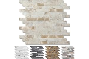 Yipscazo 10 Sheets Peel and Stick Stone Metal Tile Backsplash, Stick on Tiles for Backsplash Kitchen, Bathroom, Laundry Room, Camper, Fireplace (12'' X 12'', Ecru)