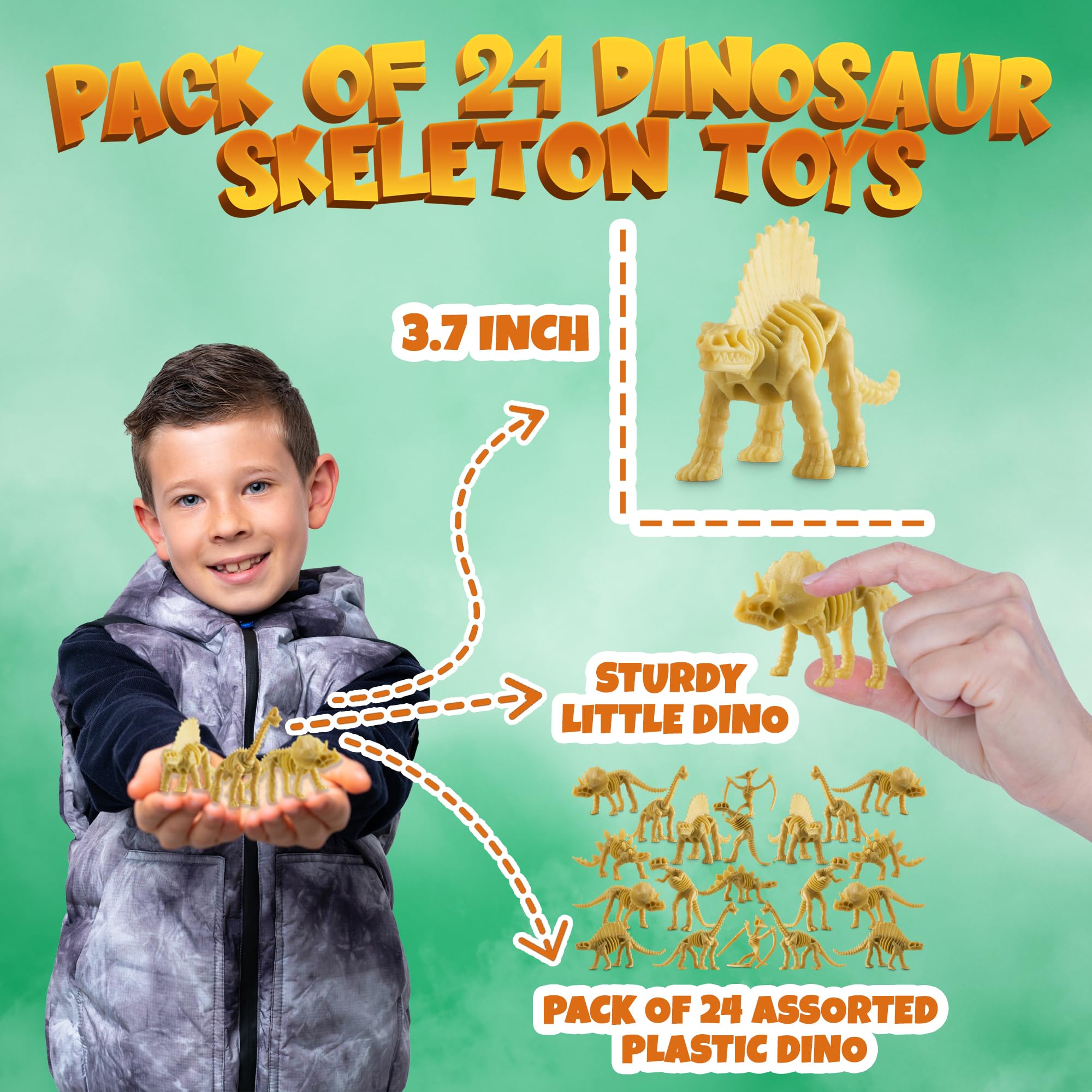 Bedwina Dinosaur Fossil Skeleton - (Pack of 24) 3.7 Inch Assorted Plastic Dino Figure Bones for Kids Science Dig Kit, Digging Sandbox Bins Play Toys, Party Favors, Birthday Decorations