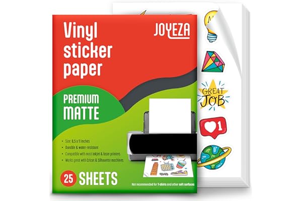 JOYEZA Premium Printable Vinyl Sticker Paper for Inkjet Printer - 25 Sheets Matte White Waterproof, Dries Quickly Vivid Color