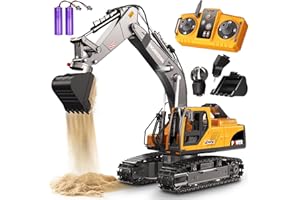 Remote Control Excavator Toys for Boys, 3 in 1 RC Excavator with Alloy Bucket, Rock Breaker and Grapples, 680° Rotatable Ligh