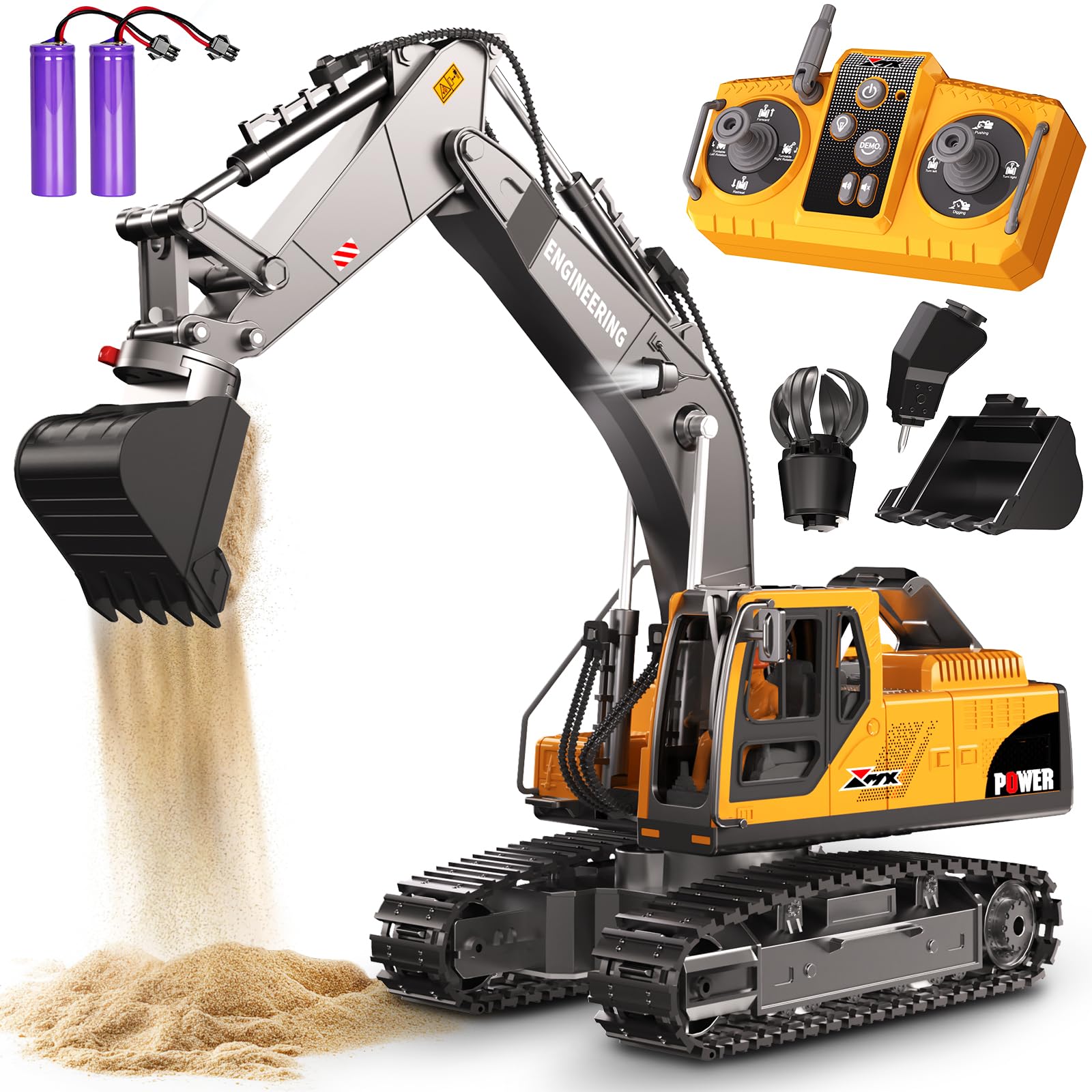 CozyBomB Construction Digger toys with 3 Interchangeable Heads & Light Effects,1:18 RC remote control car, Excavator Toys for Boys 3 4 5 6 7 8 9 10 11 12 Year Old Kids Easter Birthday
