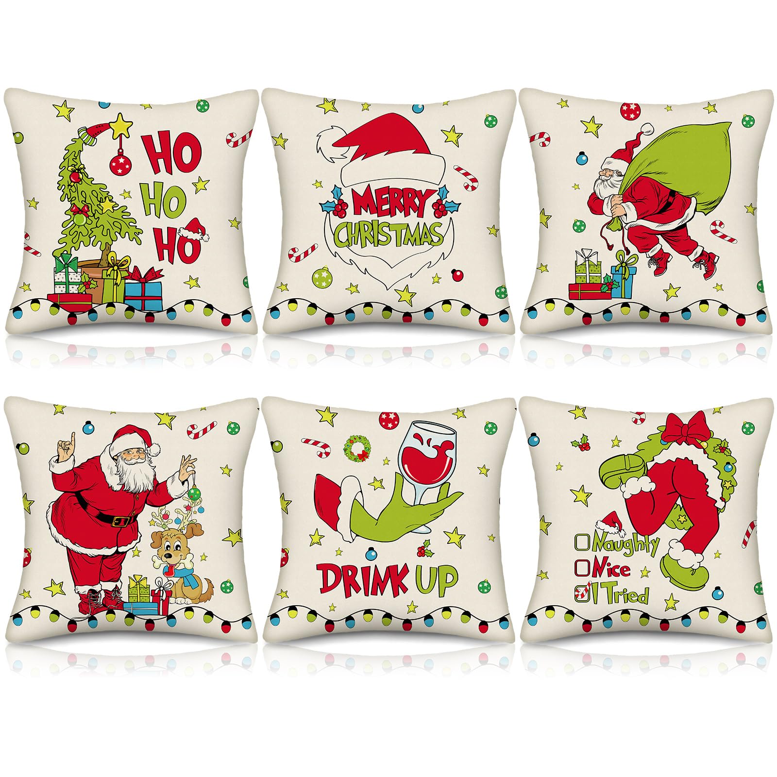Photo 1 of ****TWO ONLY***FuWeave 6 Pcs Christmas Pillow Covers 18 x 18 Inch Decorative Lime Green Red Xmas Pillow Cushion Case Pillowcase Square Christmas Pillow Covers for Home Sofa Couch Decorations(Santa Claus)
