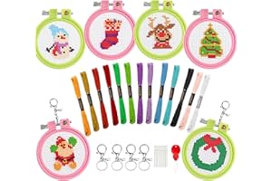 Gukasxi 6 Pack Cross Stitch Beginner Kit for Kids Stamped Needlepoint Starter Kit Sewing Set with Cute Christmas Patterns, Instruction and Keychain for DIY Craft Holiday Gift Backpack Charms Ornament