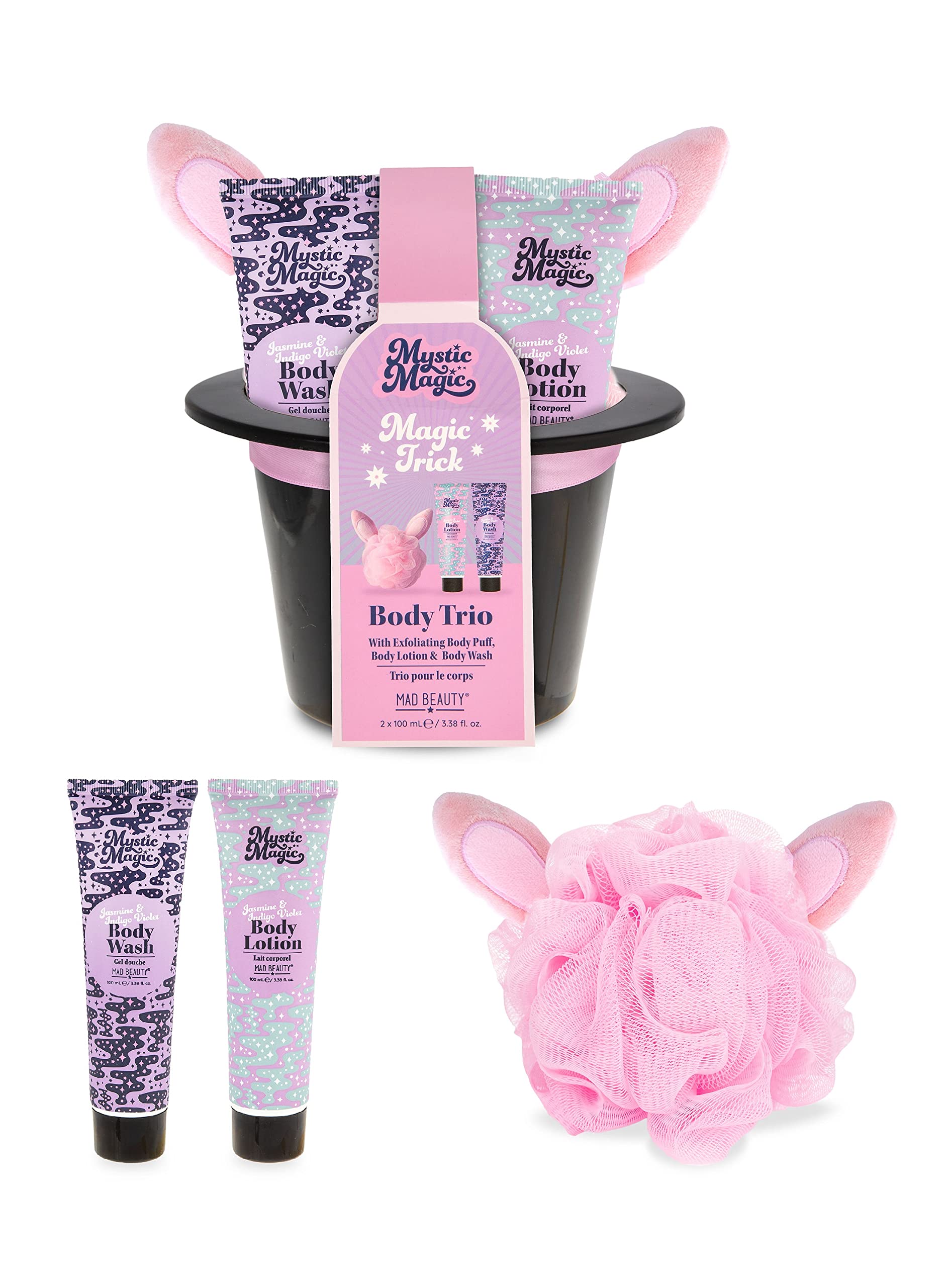 MAD BEAUTY Mystic Magic Rabbit in the Hat Body Trio, 3-in-1 Bath Kit: Exfoliating Loofah, Body Lotion, & Body Wash, Gorgeous Jasmine & Indigo Violet, Relax & Unwind, Great Self-Care Gift Set