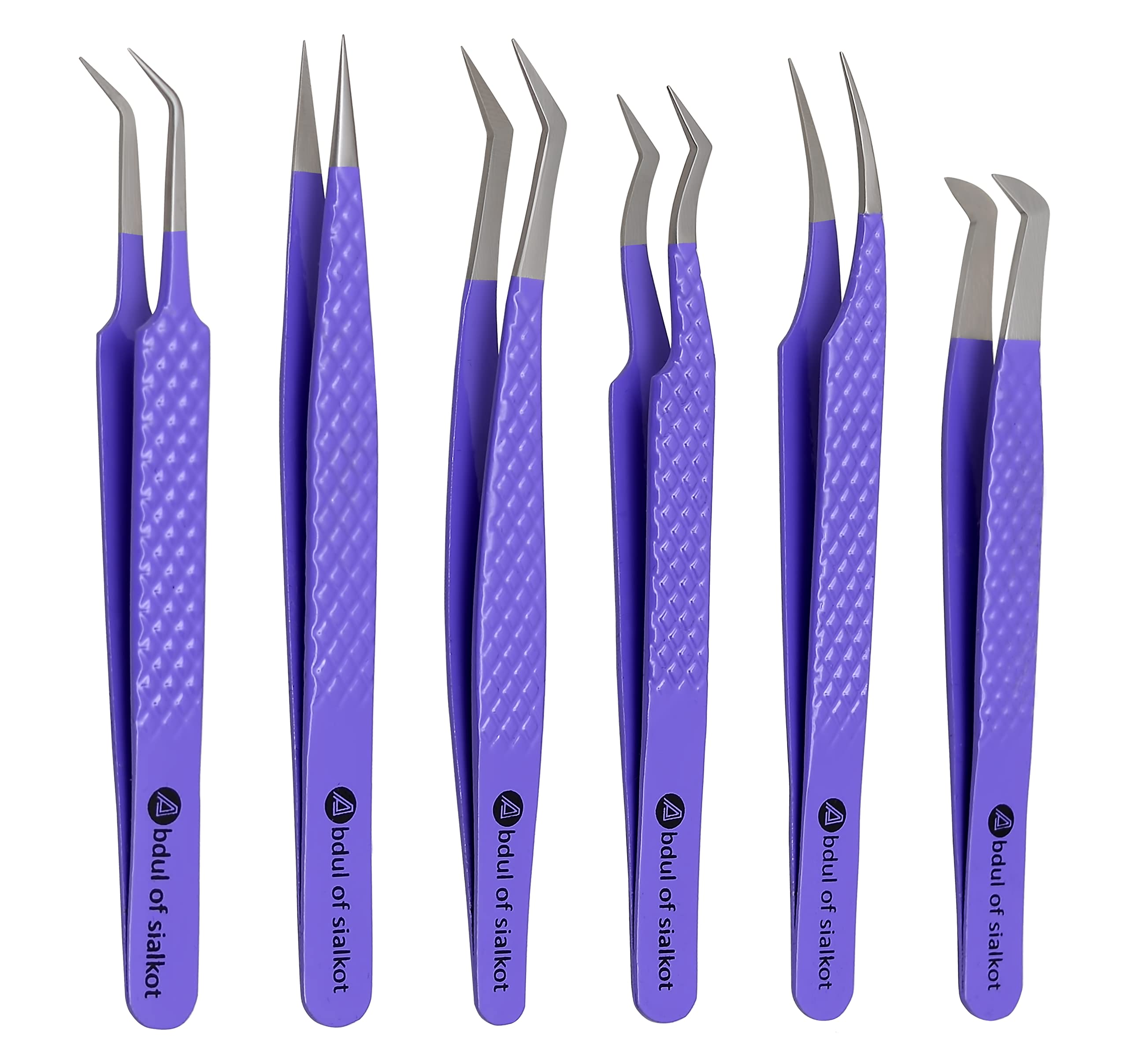 Abdul of Silakor Eyelash Extension Tweezers Set 6 Piece for Volume Lash Extensions Stainless Steel Eyelash Tweezers for Lash Extensions Isolation & Classic Lashes Tweezers Set (Purple)