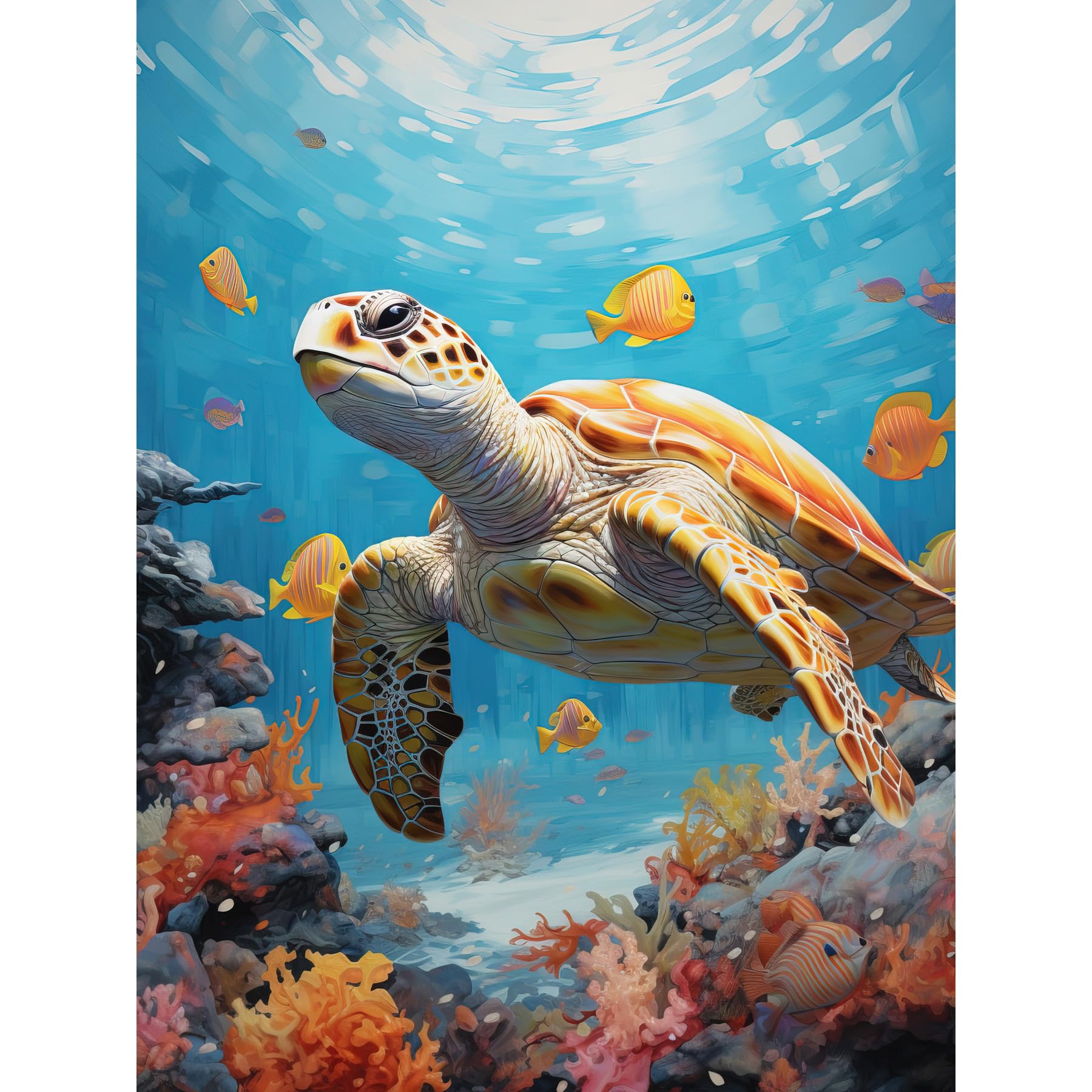 Artery8 Loggerhead Sea Turtle in Coral Reef Bright Detailed Artwork Caretta Swimming with Yellow Striped Fish Extra Large XL Wall Art Poster Print