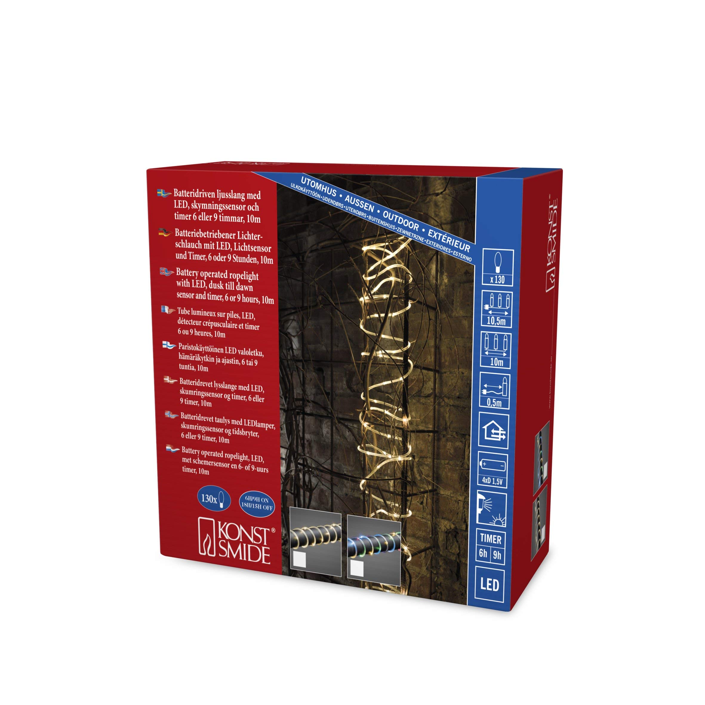 Konstsmide 3773-100 LED Mini Light Tube 5 m with Light Sensor and 6h and 9h Timer, 65 Warm White Diodes, Battery Operated, Outdoor (IP44), Transparent Cable, 2 x D 1.5 V (Excl.)