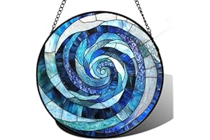 CRISGIF Stained Glass Window Hanging - Blue Abstract Swirl Suncatcher for Doors Garden Patio Unique Sun Catchers Decor Christmas Mother's Day Birthday Gifts for Women Men Mom Nana Friend 6.3 in