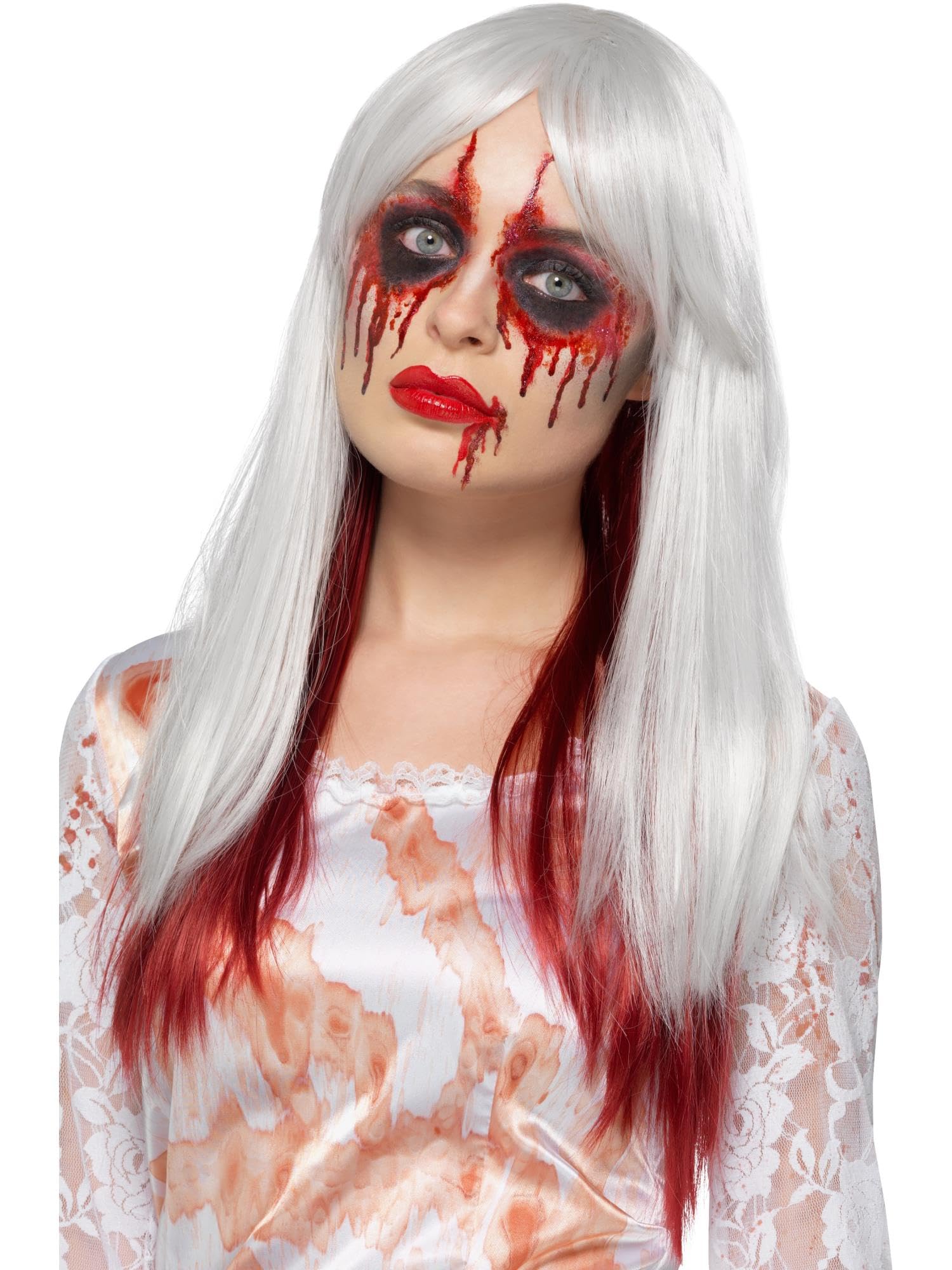 Smiffys Deluxe Blood Drip Ombre Wig, White & Red Heat Resistant/Styleable, Halloween Fancy Dress Accessory, Bride Dress Up Wigs