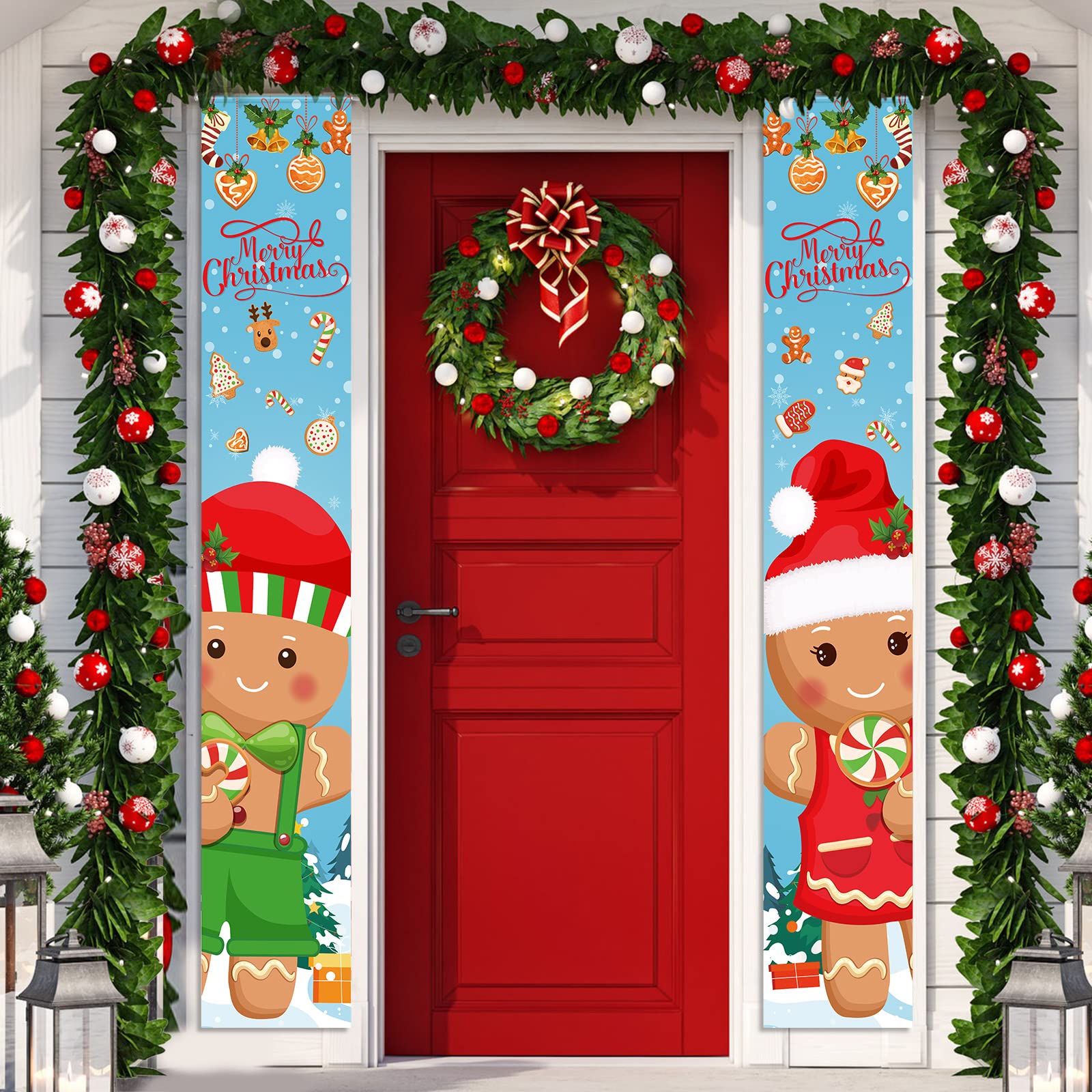 Photo 1 of 2 Pcs Christmas Porch Sign Gingerbread Door Sign Banner Christmas Hanging Door Banner for Outside Indoor Outdoor Home Front Porch Holiday Xmas Decorations Gingerbread Party Supplies