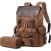 Wogarl Vintage Leather Canvas Backpack, Waxed Canvas Shoulder Rucksack with Toiletry Shoulder Rucksack for Traveling, Camping, Hiking,Business College Fits 17inch Laptop,Coffee
