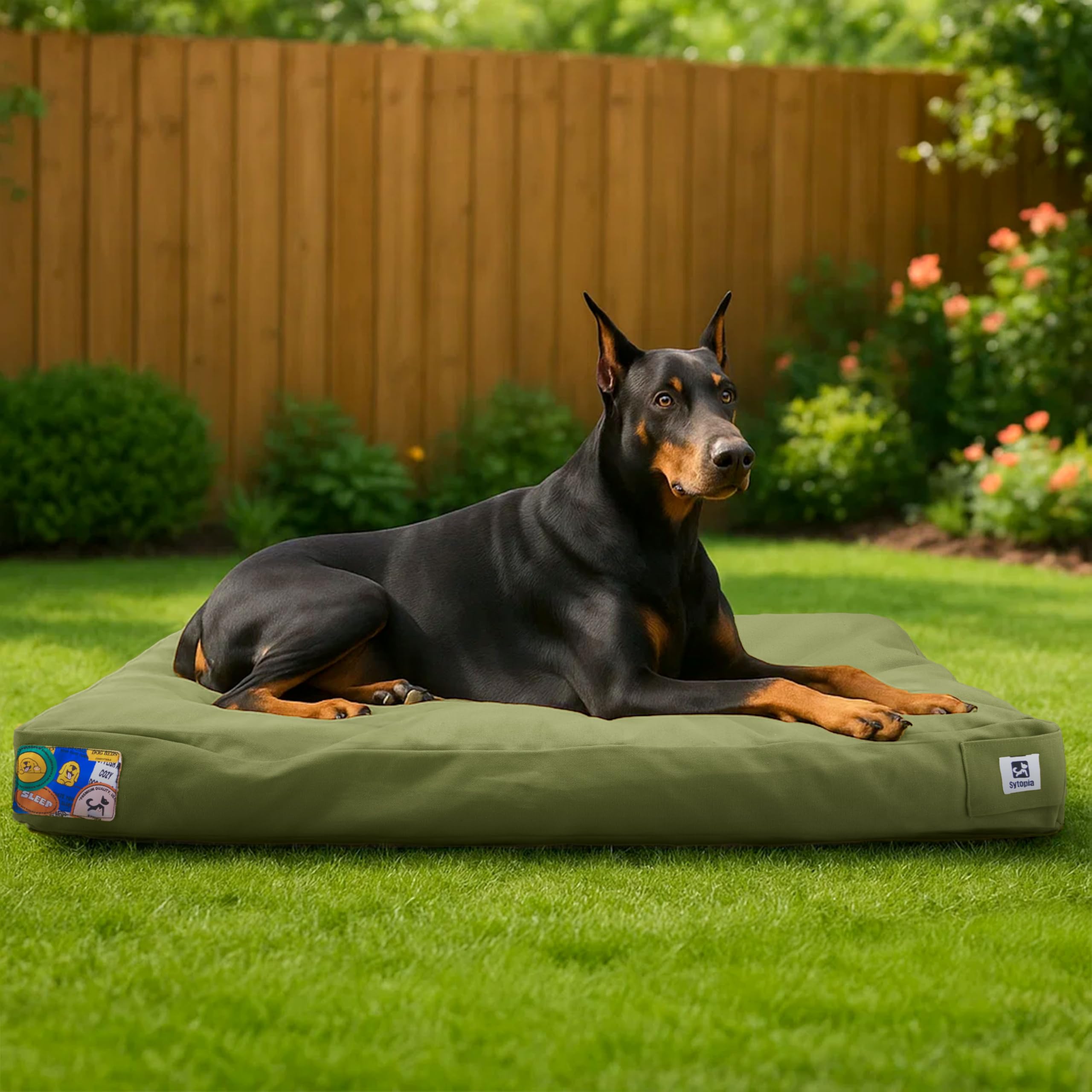 Photo 1 of Sytopia 42 Inch Canvas Chew-Proof Outdoor Dog Bed for Extra Large Dogs, Waterproof Washable Removable Cover, Indoor Patio Pet Pad, Green