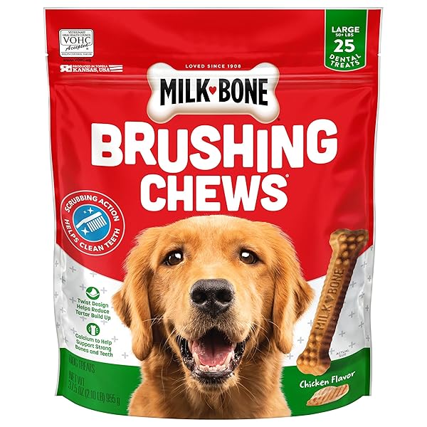 MILK-BONE BRUSHING CHEWS DAILY DENTAL DOG TREATS, CHICKEN FLAVOR, LARGE, 25 COUNT