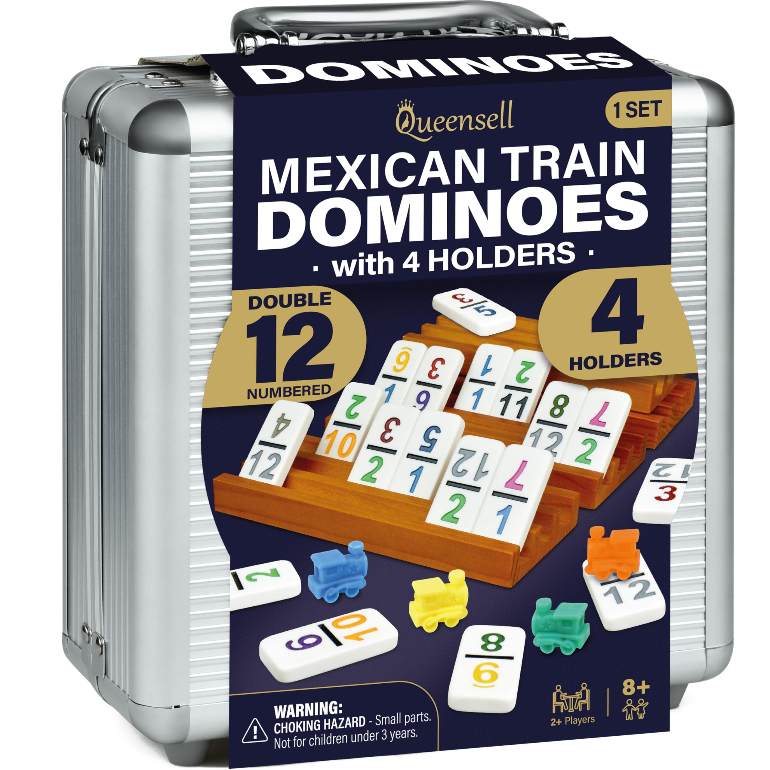 Photo 1 of Queensell Mexican Train Dominoes Set with Numbers and 4 Holders - Wooden Hub and Domino Holders - Double 12 with Numbers (D12 Numbers + 4 Holders)