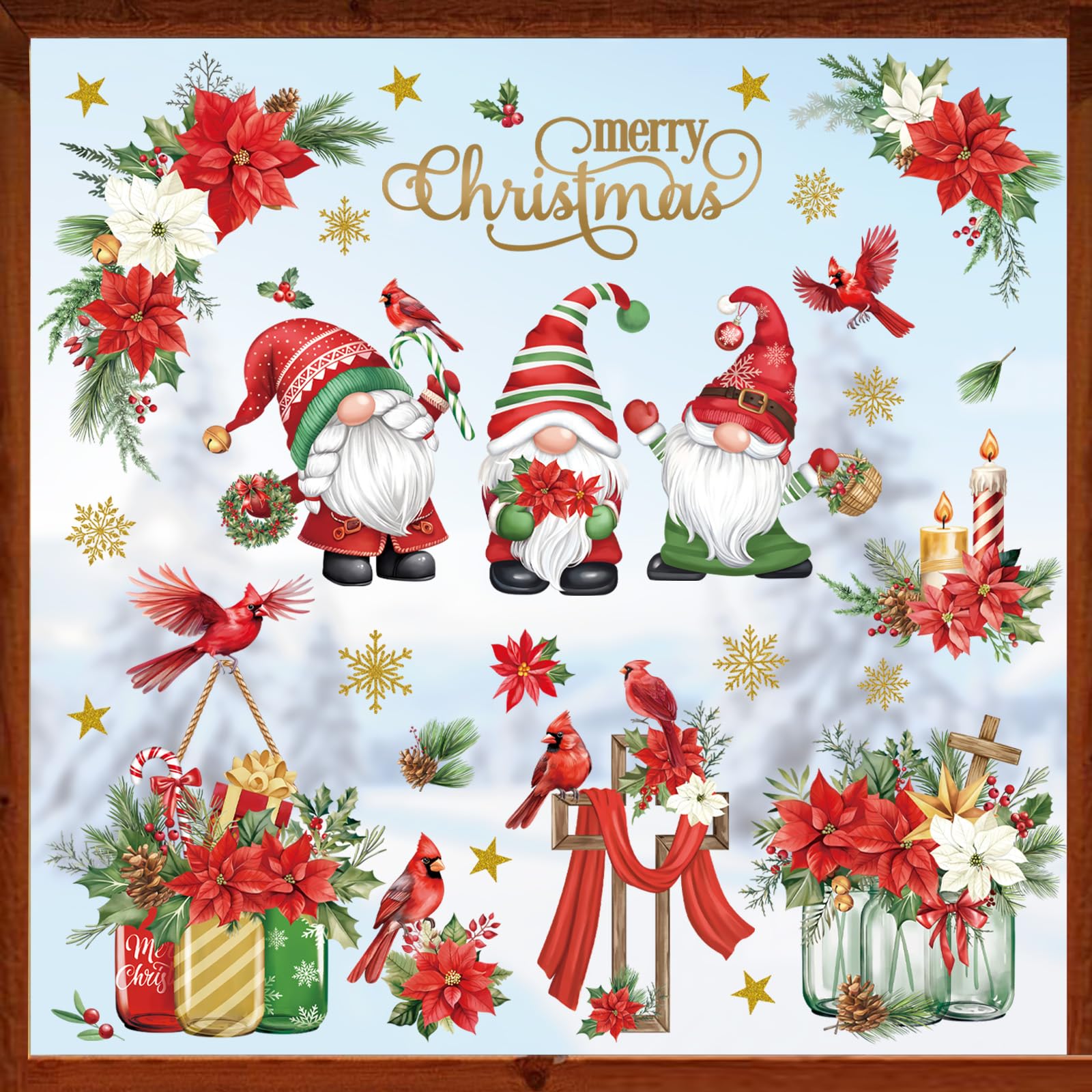 decalmile Christmas Red Gnome Flowers Window Clings Reusable Cardinal Birds Snowflake Window Decals Double Side Printed Window Stickers Glass Door Holiday Home Kitchen Decoration — image 1