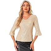 Allegra K Sequin Top for Women's 3/4 Bell Sleeve V Neck Metallic Sparkly Glitter Party Blouse