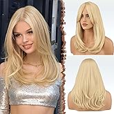 FESHFEN Blonde Wigs with Bangs - Long Layered Straight Light Blonde Natural Looking Synthetic Hair Wig for Women Daily Party Use, 18 inch