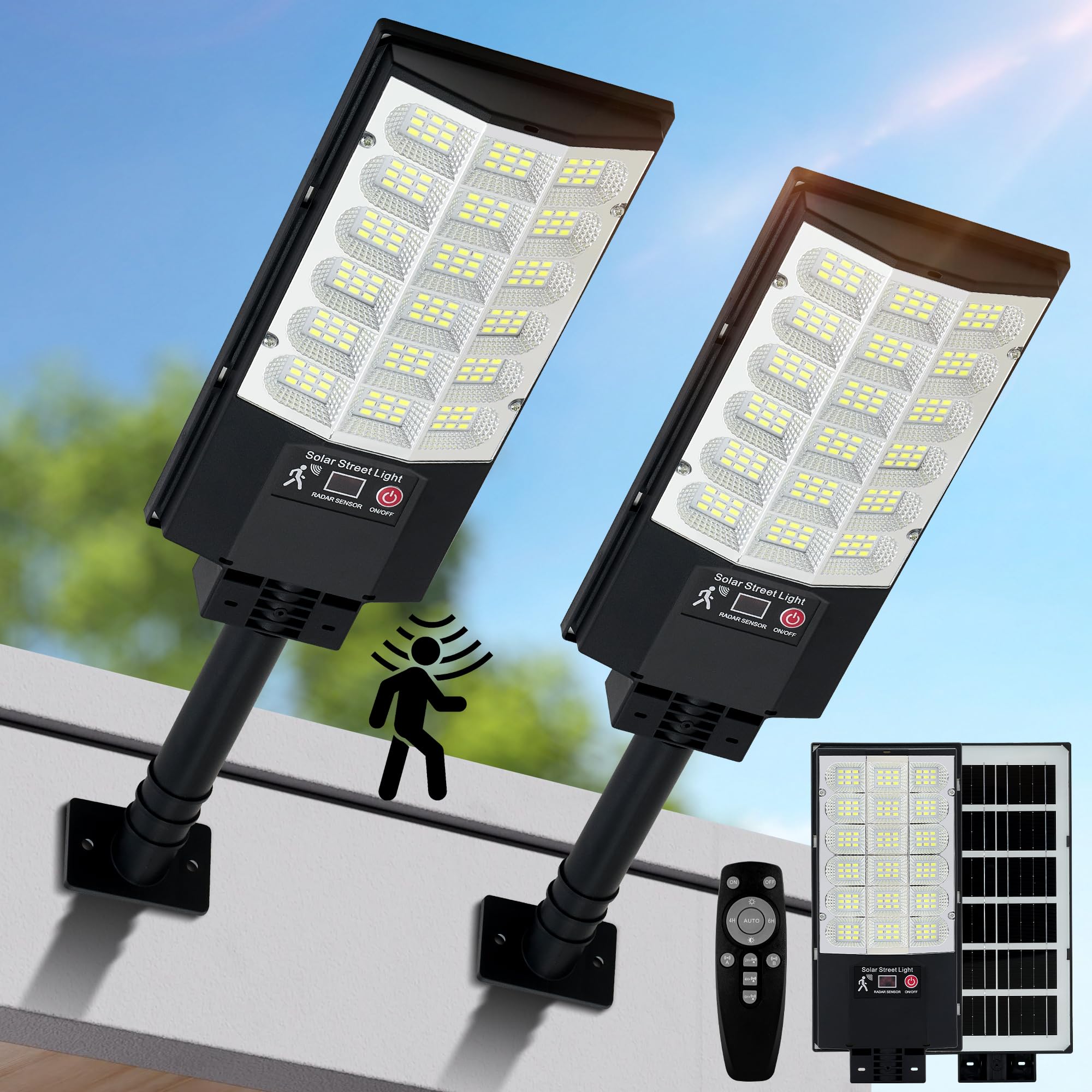 Photo 1 of TFKK Solar Street Lights Outdoor, Waterproof Motion Sensor Solar Lights with Remote Control, 6500K Dusk to Dawn Parking Lot Flood Light for Outside Garage Yard, 2 Pack