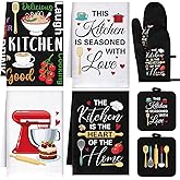 Leinuosen 8 Pcs Cuisine Kitchen Decor Accessories Set Farmhouse Towels Oven Mitts Pot Holders Dishcloths Set Kitchen Decorative Absorbent Gloves Potholders for Chef Baking Cooking