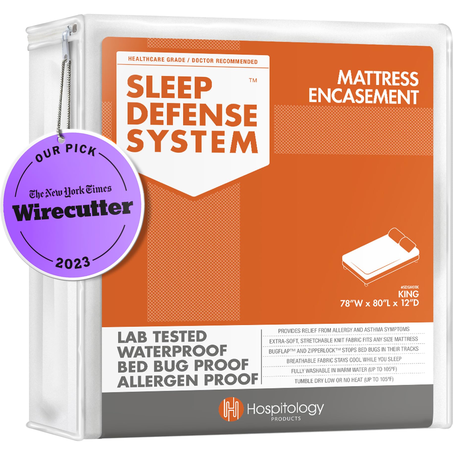 Photo 1 of HOSPITOLOGY PRODUCTS Mattress Encasement - Zippered Bed Bug Dust Mite Proof Hypoallergenic - Sleep Defense System - King - Waterproof - Stretchable - Standard 12" Depth - 78" W x 80" L